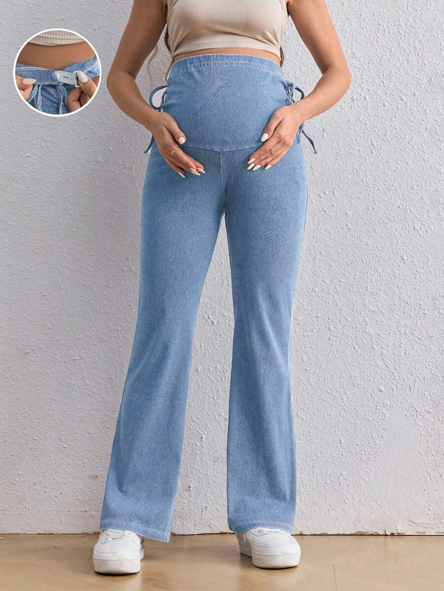 SHEIN 孕妇牛仔紧身喇叭牛仔裤，休闲蓝色孕妇牛仔裤 - 淺色水洗藍 - 查看 1