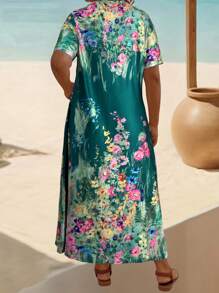 EMERY ROSE Plus Size Summer V-Neck Short Sleeve Floral Print Elegant Loose Dress, For Thanksgiving Maxi Women Outfit - Dark Green - View 2