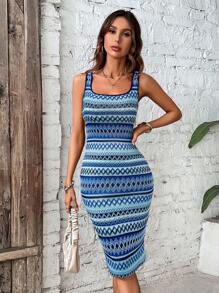 SHEIN VCAY Woman Square Collar Chevron Print Bodycon Cami Dress