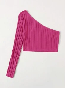 SHEIN EZwear One Shoulder Rib-knit Crop Top - Pink - View 2