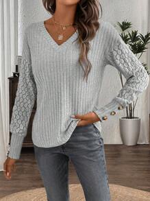 EMERY ROSE Camiseta de manga larga con cuello en V de encaje, detalles de botones y bloqueo de color para mujer, atuendo de primavera