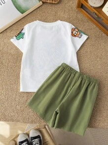 SHEIN 2pcs Young Boys Cute Casual Comfy Crayon Animal Print Crew Neck Short Sleeve T-Shirt And Shorts Set, Suitable For Kids/Toddler Outfits, Back To School, Birthday Parties, Weddings, Daily Wear, Travel, Sports, Spring/Summer - White - View 2