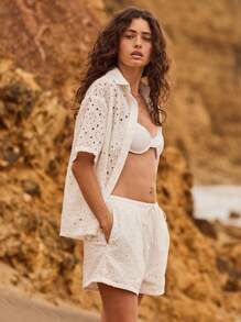 Aralina 夏日假期刺绣细节短袖前扣衬衫 - 白色 - 查看 5