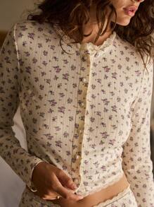 Aralina Floral Printed Lace Trim Soft Casual Jersey Cardi Short Set With Scrunchie - Beige - View 8
