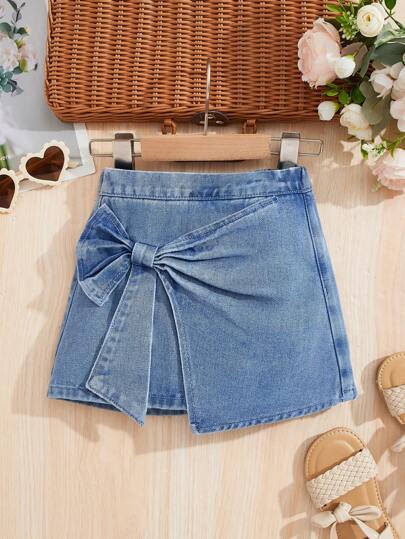 SHEIN LMoss Kids Young Girl' Y2K Blue Denim Skirt With Bow Decor,Kid Girls Spring And Summer Casual Vacation Country Boho Homewear, Beach Outfits For Kid Girls