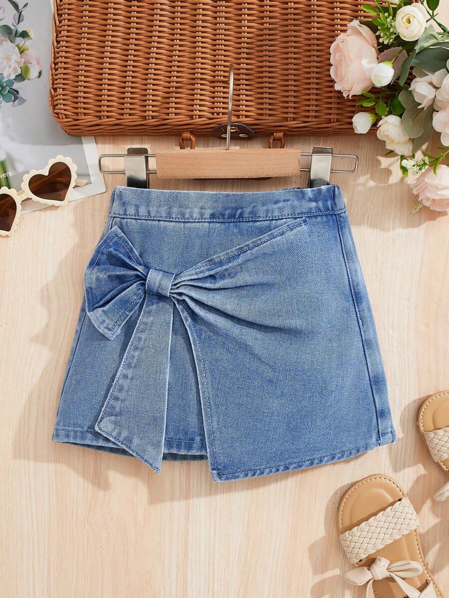 SHEIN LMoss Kids Young Girl' Y2K Blue Denim Skirt With Bow Decor,Kid Girls Spring And Summer Casual Vacation Country Boho Homewear, Beach Outfits For Kid Girls