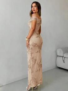 Aloruh Women's Spring & Summer Lace-Up Embroidered Floral Net Mesh Bodycon Fishtail Dress, Suitable For Date, Party, Valentine's Day - Apricot - View 2