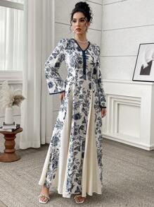 Yasmyna Vestido estilo árabe con estampado floral, cuello en V y mangas acampanadas, modesto, para mujer