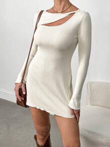 INAWLY Women Elegant Textured Hollow Out Flared Long Sleeve Dress Fall Cloth For Women - Apricot - View 2