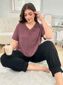 Plus Size V-Neck Short Sleeve Ruched Casual Pajama Set, Top And Pants - Hot Pink - View 1