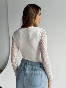 SHEIN Essnce 女士花卉蕾丝褶饰长袖紧身衣 - 白色 - 查看 3