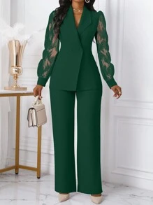 Xyvia 2pcs Women's Business Office Wear Embroidered Details Double-Breasted Fitted Blazer & Pants Set Fall Cloth For Women - Dark Green - View 5