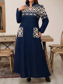 Mulvari Plus Size Autumn Casual Geometric Print Long Dress