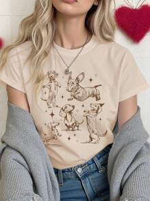 INAWLY Camiseta de manga corta con cuello redondo y gráfico de Dachshund con diseño de estrellas para mujer - Caqui - Ver 1