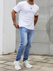 Manfinity Homme Men's Simple Front Button Pocket Design Casual Jeans - Light Wash - View 6