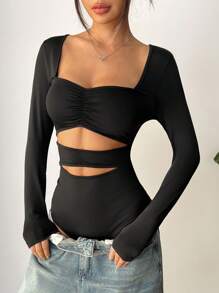 SHEIN PETITE Women's Solid Sheer Front Ruched Long Sleeve Bodysuit, Spring