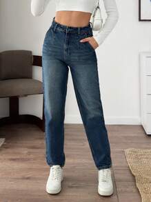 EURMUSE WOMEN HIGH WAIST MOM FIT JEANS - Dark Wash - View 1