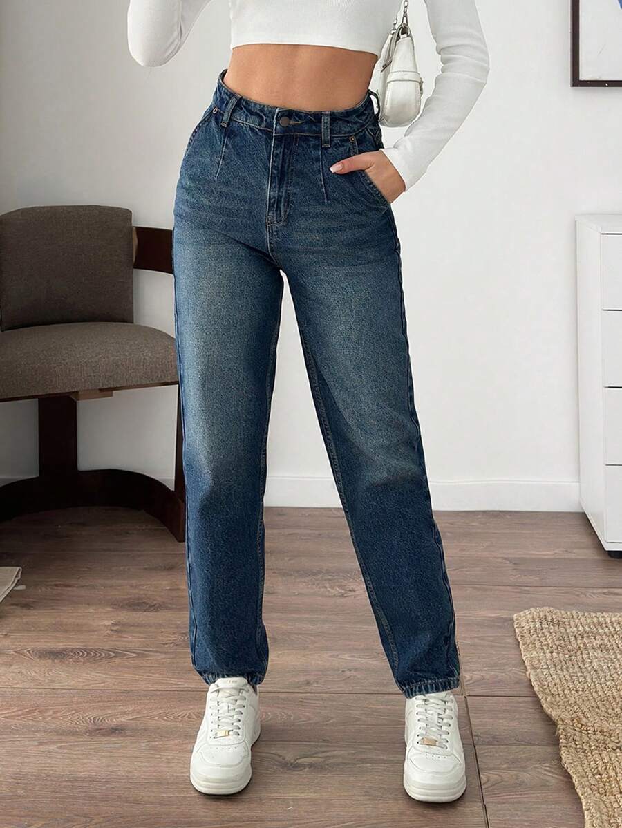 EURMUSE WOMEN HIGH WAIST MOM FIT JEANS - Dark Wash - View 1