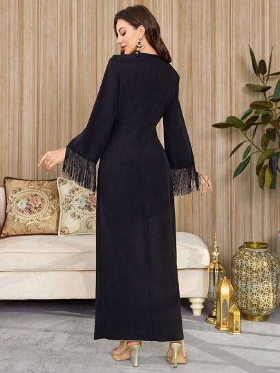 Al Najma Long Sleeve Arabic Style Dress With Applique & Tassel Cuff Details