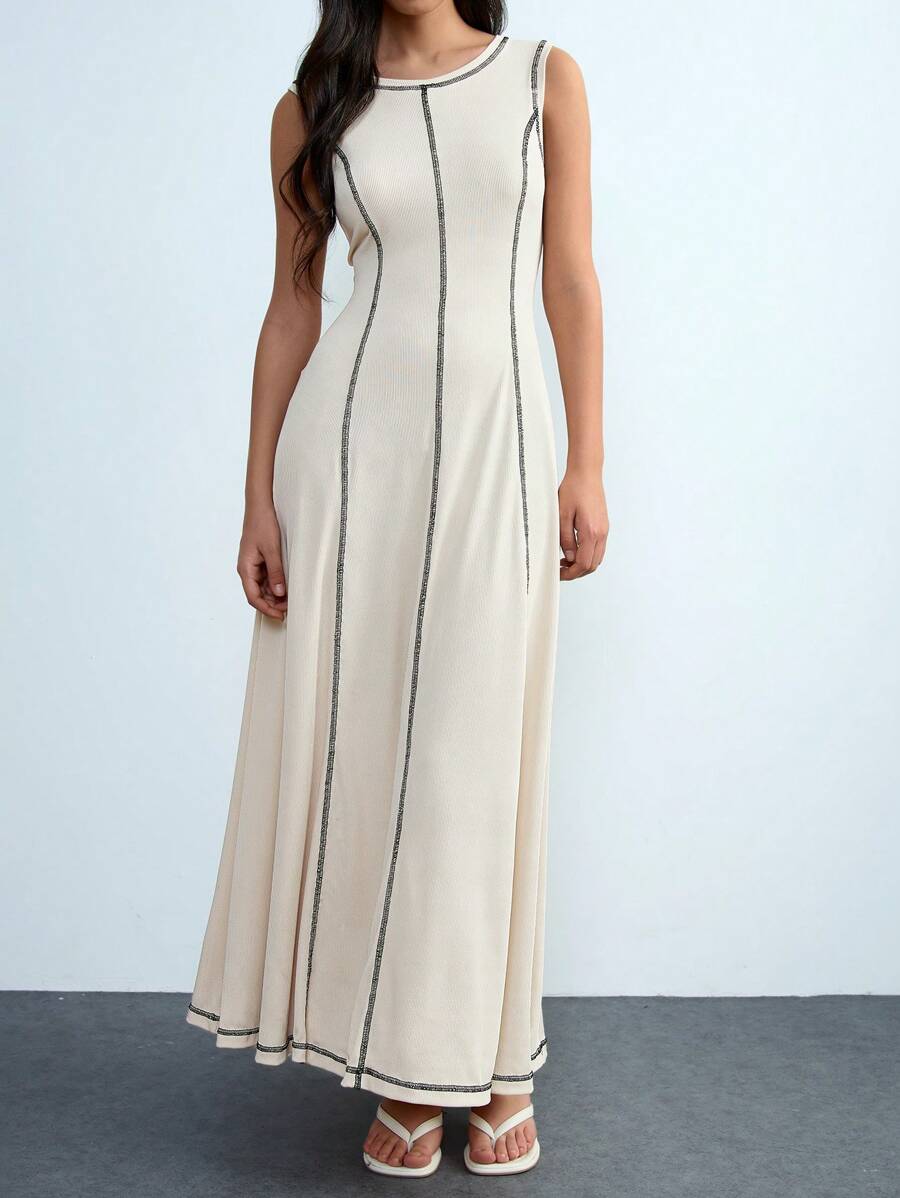 Chiquease 女士针织圆领拼色收腰无袖 A 字形连衣裙