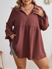SHEIN CURVE+ 大码深红色 V 领垂坠宽松长袖衬衫，休闲衬衫，适合海滩度假 - 紅木色 - 查看 4