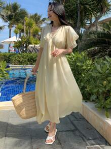 DAZY 女士宽松V领短袖长款连衣裙夏季吊带裙，休闲女式连衣裙长款连衣裙 - 米色 - 查看 3