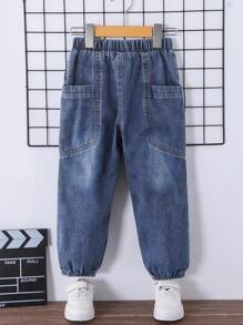 SHEIN Explorewe 1pc Young Boy Woven Distressed Straight Leg Denim Jeans - Blue - View 2
