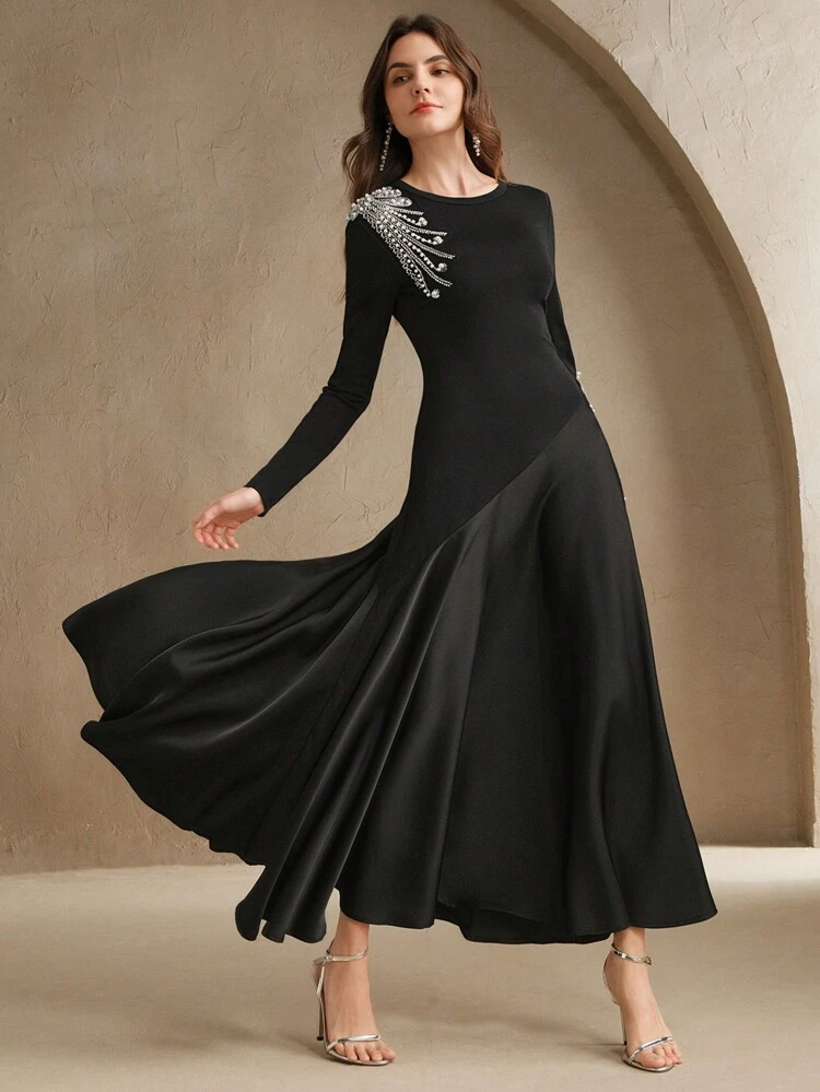 Vestido Midi Urbano Elegante com Gola Redonda, Manga Longa, Cintura Evasê e Franzida, Looks de Primavera para Mulheres, Dia dos Namorados, Noite de Encontro