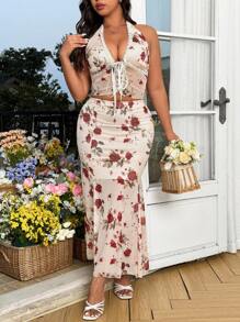 SHEIN Clasi Bộ trang phục 2 món thời trang mới mẻ họa tiết hoa cho kỳ nghỉ cỡ lớn dành cho nữ - Áo crop top dây mảnh lưới gợi cảm và chân váy maxi đuôi cá cạp cao - Nhiều màu - Xem 4