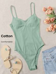 SHEIN EZwear Body tejido de canalé bustier unicolor - Verde - Ver 7