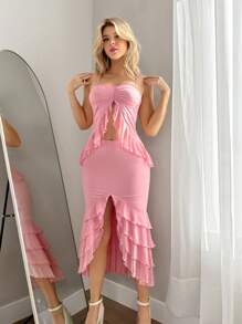 Sweetina 2pcs Set: Ruffle Hem Fishtail Hem Bodycon Sleeveless Top And Skirt - Pink - View 6