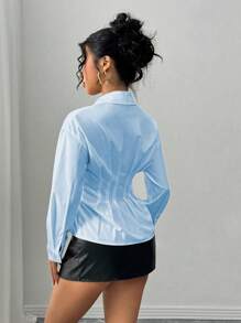 Chiquease Áo sơ mi nữ tay dài xếp ly eo nhún bèo thời trang - Màu xanh lam - Xem 2