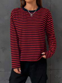 SHEIN EZwear Women Striped Long Sleeve Crew Neck Basic T-Shirt - Red - View 4