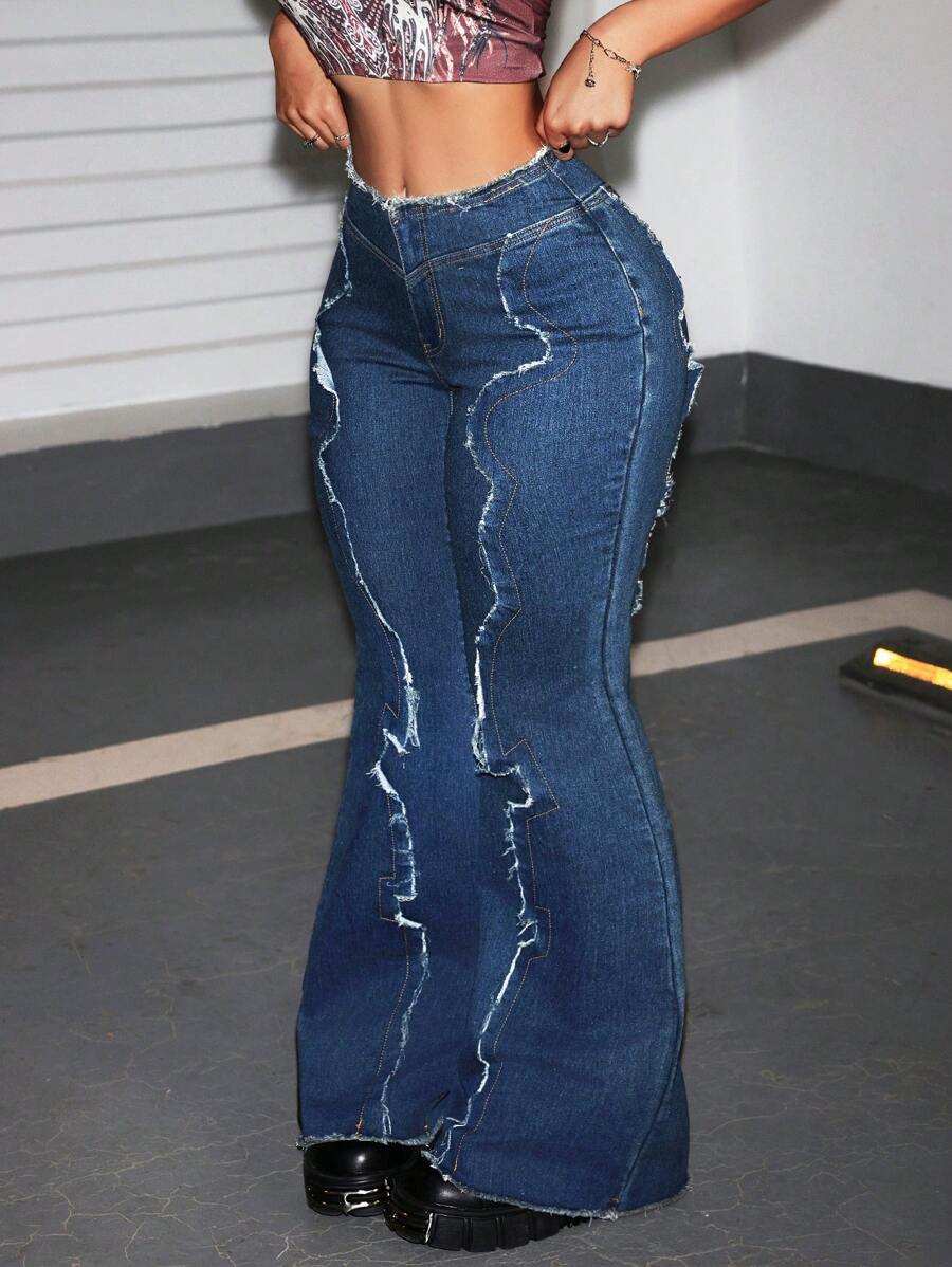 SHEIN ICON Women's Casual Extra Long Denim Flare Jeans With Distressed Ripped Detailing And Zipper Closure - Blue - View 1