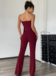 SHEIN EZwear 2pcs Set: Ruched Bandeau Top With Asymmetrical Hem And Flare Pants - Burgundy - View 3