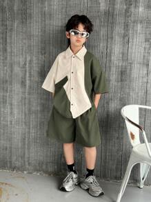 SHEIN 2pcs Kid Tween Boy Korean-Style Casual Versatile Comfortable Contrast Color Collar Patchwork Short Sleeve Loose Open Front Shirt And Shorts Set, Suitable For School, Garden, Beach, Birthday, Spring, Summer, Fall, Winter