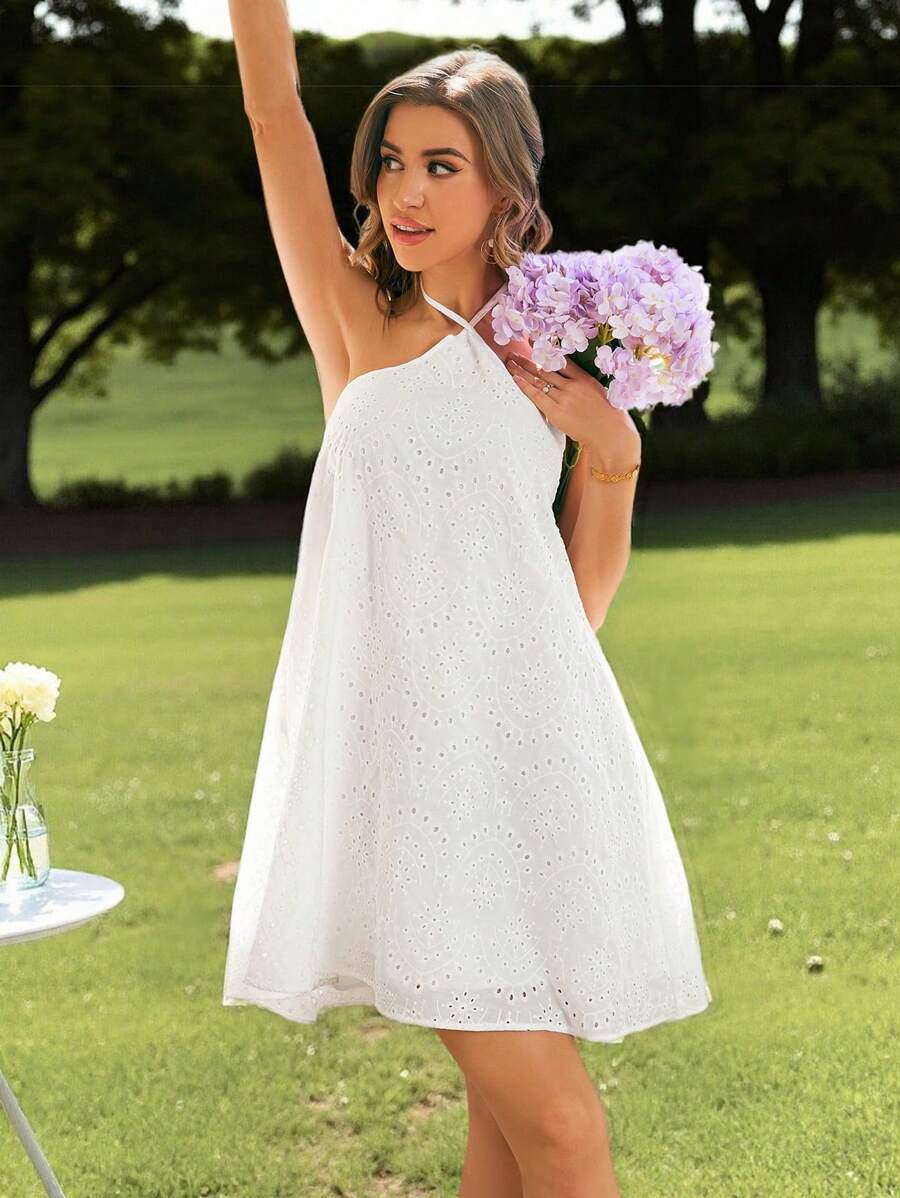 SHEIN VCAY 女士宽松露背 A 字形休闲纹理假日连衣裙