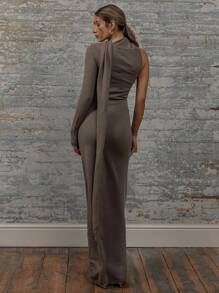 MUSERA Soft Knit One Sleeve Scarf Neck Drape Detail Maxi Dress Elegant - Khaki - View 3