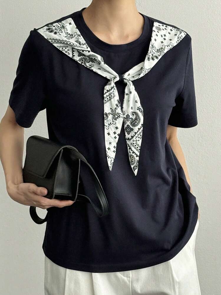 Women's Casual Graphic Print Patchwork T-Shirt, Suitable For Summer Sports, Beach And Leisure