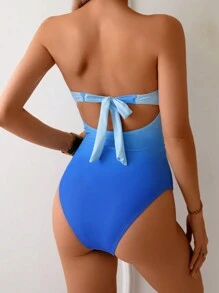 Swim Vcay Springbreak Women's Metal Buckle Ruched Solid Simple Strap Ombre Print One-Piece Swimsuit For Summer Beach Vacation - Blue - View 2