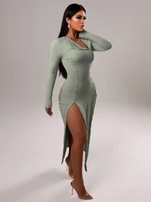 Zolique Women's Sexy Asymmetrical Button Design Fitted Bodycon Dress Fall Cloth For Women - Olive Green - View 4