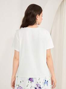 SHEIN Adolescente Fete Alb Culoare uni Elegant Zilnic Ocazional Vacanță 3D Decor cu flori Tricou cu mânecă scurtă cu gât turnu, Tricou pentru petrecere a timpului liber - alb - Vizualizare 2