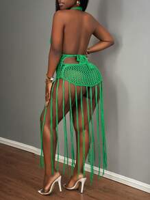 Slaydiva Vestido de punto con flecos de estilo de playa calado con tejido de ganchillo - Verde - Ver 2