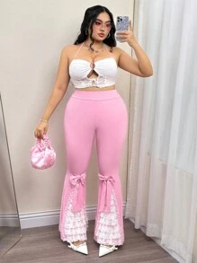 SHEIN ICON High Waist Split Lace Tiered Patchwork Bow Decor Bodycon Flared Wide Leg Pants
