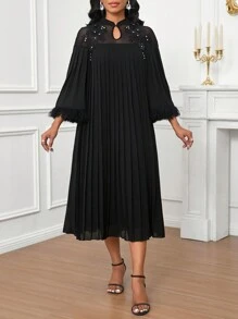 SHEIN Lady Decor cu aplicație din dantelă din plasă neagră Plisată Rochie lungă lejeră, cu manșete cu ciucuri, elegantă pentru petrecere, invitată la nuntă, toate anotimpurile