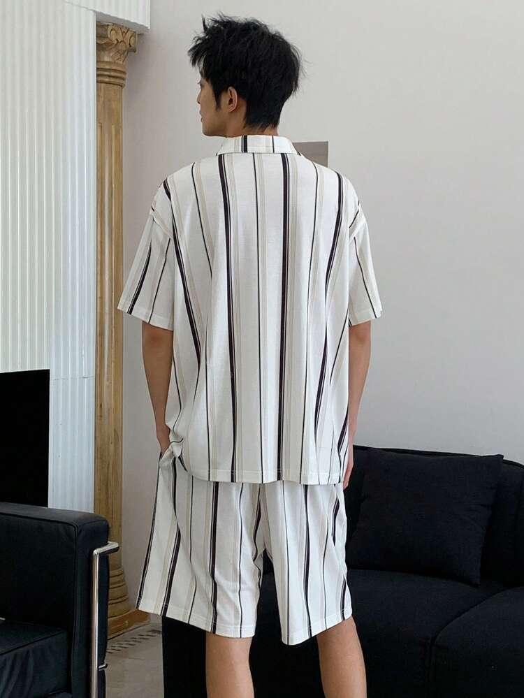 Men's Panda Print Striped Shirt And Shorts Pajama Set, Summer Loungewear