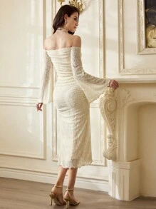 Vintamour Váy trễ vai phối ren hoa dệt kim jacquard cổ điển thanh lịch dành cho nữ, trang phục dự tiệc thường ngày mùa hè dành cho nữ, trang phục đi nghỉ, váy trắng dành cho nữ, váy mùa hè dành cho nữ, váy trắng dành cho nữ, váy dạ hội, váy sinh nhật dành cho nữ, váy dự tiệc cưới, váy mùa xuân dành cho nữ, quần áo mùa hè, trang phục mùa xuân dành cho nữ, váy phục sinh dành cho nữ, trang phục sinh nhật dành cho nữ, váy cưới, kỳ nghỉ xuân - Màu be - Xem 8