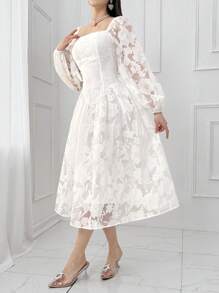 Feyla 女士方领长袖花卉提花优雅中长连衣裙 - 白色 - 查看 5