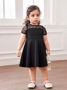 Baby Girl Fern Glow Polka Dot Knitted Mesh Snug Fit Long Sleeve Dress - Black - View 7