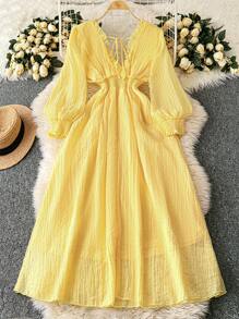 Franclia 优雅迷人优雅长袖性感V领连衣裙 - 黃色 - 查看 2
